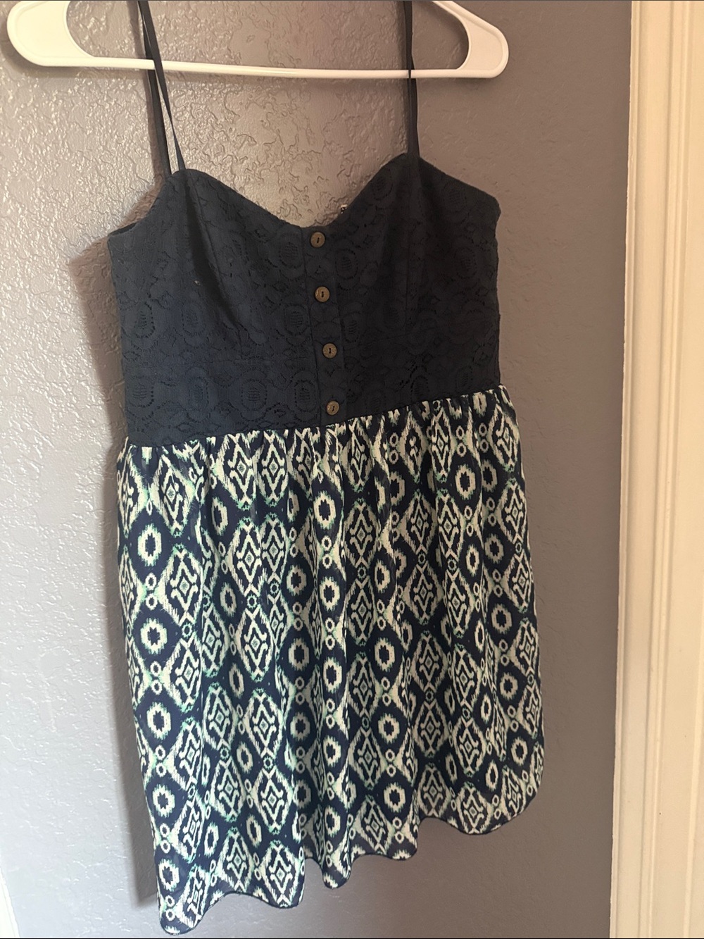 Navy Lace Bodice Printed Skater Dress